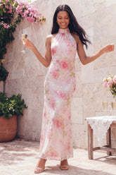 Halter Pink Floral Mermaid Maxi Wedding Guest Dress