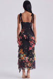 Black Ruffled Floral Corset Midi Wedding Guest Dress