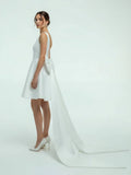 A Line Satin V Neck Short Wedding Dress with Large Bow