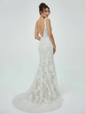 Floral Lace Appliques V Neck Sleeveless Mermaid Boho Wedding Dresses