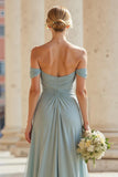 Off The Shoulder Grey Blue A Line Pleated Long Bridesmaid Dress with Slit