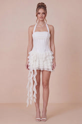 Halter Corset Tiered Ruffled White Graduation Dress with Side Streamer