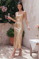 Gold Sequin Spaghetti Straps Midi Wedding Guest Dress