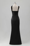 Black Mermaid Pleated Satin Floor Length Bridesmaid Dress with Slit
