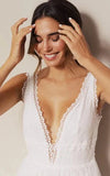 Bohemian Lace Tulle Plunging Neckline A Line Floor length Deep V Back Wedding Dress