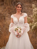 A Line Sweetheart Long Sleeves Elegant Tulle Wedding Dresses With Appliques Lace