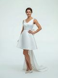 A Line Satin V Neck Short Wedding Dress with Large Bow