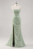 Green Floral Mermaid Lace Up Back Corset Long Bridesmaid Dress with Slit