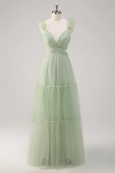 Dusty Sage A Line V Neck Ruched Hollow Out Long Bridesmaid Dress with Open Back