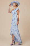 Light Blue Floral Mermaid Ruffled One Shoulder High Low Mother of the Bride Dress