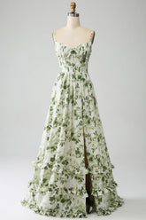 Green A Line Spaghetti Straps Printed Floral Maxi Dress With Slit