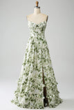 Green A Line Spaghetti Straps Printed Floral Maxi Dress With Slit