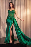 Teagan Gown Emerald Fitted Satin Lace Dress