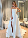 Ball Gown Strapless Sleeveless Sweep Train Satin Wedding Dresses With Split Front