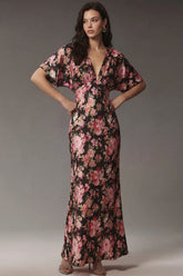 Pink Floral V Neck Wedding Guest Dress with Flutter Sleeves