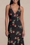 Black Floral Printed A Line V Neck Midi Wedding Guest Dress