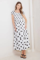 SHORT SLEEVE WHITE BLACK POLKA DOT MIDI DRESS
