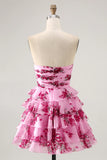 Strapless Pink Flower A line Tiered Short Homecoming Dress with Bow