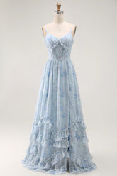 Blue Flower A Line Corset Ruffled Chiffon Long Bridesmaid Dress with Slit