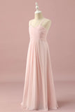 Light Pink A Line Spaghetti Straps Floor Length Chiffon Junior Bridesmaid Dress