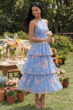 Halter Tiered A Line Floral Blue Midi Wedding Guest Dress