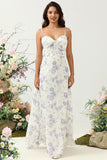 White Purple Flower A Line Spaghetti Straps Chiffon Long Bridesmaid Dress