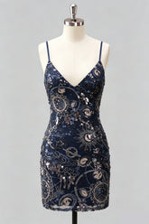 Navy Bodycon Sequin Embroidered Short Homecoming Dress