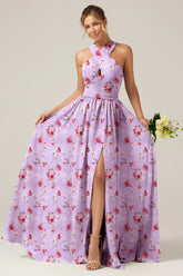 Grey Purple A Line Halter Chiffon Print Floral Long Bridesmaid Dress with Slit