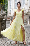 Simple A Line Pleated Chiffon Lemon Yellow Wedding Party Guest Dress with Ruffles