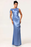 Blue Sheath Drawstring Satin Long Bridesmaid Dress with Slit