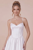 Satin A Line Corset Spaghetti Straps White Graduation Dress