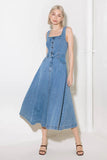 SOFTLY ROMANTIC SQUARE NECKLINE DENIM MIDI DRESS