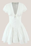 White Cotton A Line V Neck Mini Dress