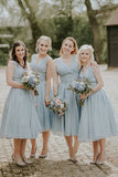 Dusty Blue A Line Mid Calf Ruched Chiffon Bridesmaid Dress