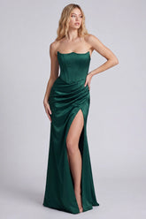 Dark Green Strapless Mermaid Corset Satin Formal Dress with Slit
