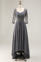 Steel Grey Appliqued A Line Half Sleeves Mother Of The Bride Dress with Back Keyhole