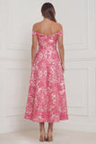Hot Pink A Line Off the Shoulder Jacquard Midi Wedding Guest Dress