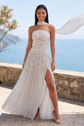 White Black Strapless Polka Dot Dress with Slit