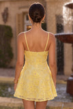 Yellow Floral Beaded A Line Short Homecoming Dress