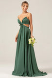 A Line Spaghetti Straps Backless Chiffon Eucalyptus Long Bridesmaid Dress