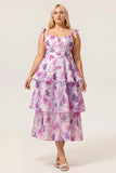 Purple Flower A Line Lace Up Back Tiered Print Midi Plus Size Dress with Straps Bows