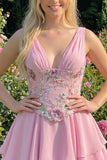 Pink Floral Appliqued V Neck Tiered A Line Homecoming Dress