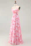 Pink Flower A Line Cowl Neck Print Long Bridesmaid Dress with Slit