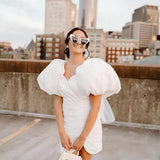 Sheath White Puff Sleeves Short V Neck Wedding Dress