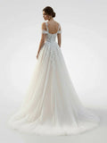 A Line Off The Shoulder Tulle Wedding Dresses With Appliques Lace