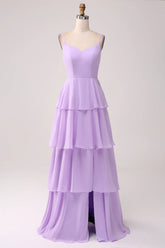 Lilac A Line Spaghetti Straps Tiered Floor Length Bridesmaid Dress With Slit