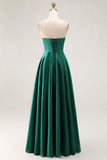 Dark Green A Line Strapless Satin Long Bridesmaid Dress with Lace Up Back