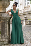 Dark Green A Line V Neck Pleated Chiffon Long Bridesmaid Dress with Lace Up Back
