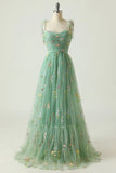 Grey Blue A Line Spaghetti Straps Tulle Floral Long Prom Dress With Embroidery
