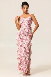 Blush Sheath Ruffle Chiffon Print Floral Long Bridesmaid Dress with Slit